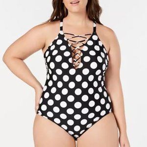 LA BLANCA Plus Dot Lace Up One-piece Swimsuit NWT